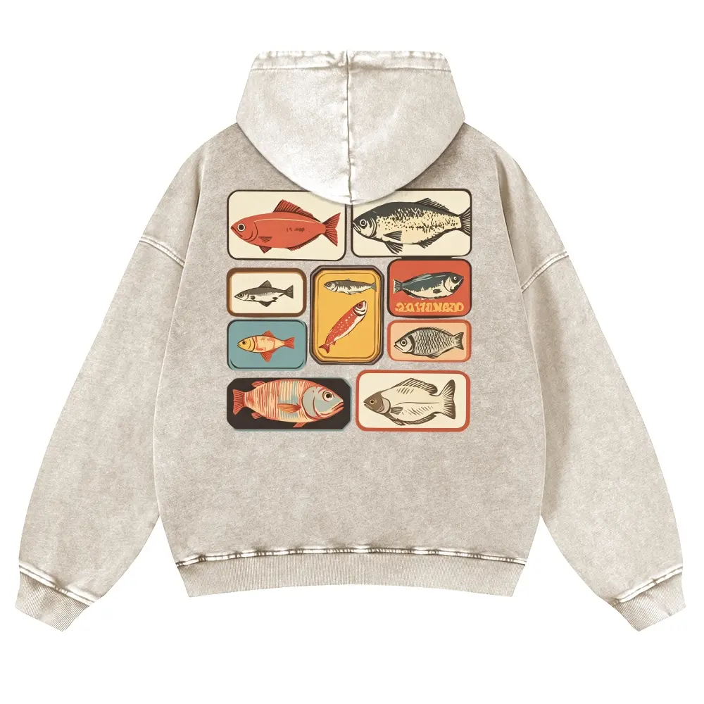 Unisex Nine-grid Freshwater & Saltwater Fish Vintage Fishing Graphic Washed hoodie Personalized Pattern Y2k Clothing Round Neck Washed hoodie,Women's Clothing 100% Cotton, Menswear, Top, Vintage Style,Summer Casual Oversized