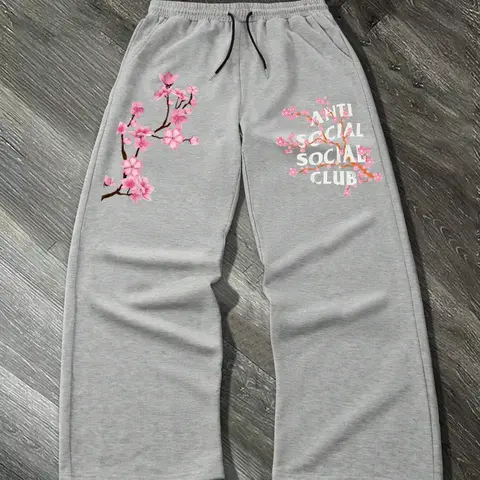 Men's Cherry Blossom Embroidered Sweatpants, Regular Fit Lounge Sweatpants, Soft Comfy Athleisure Pants for Spring/Fall, Casual Daily Wear, Casual Streetwear Sweatpants