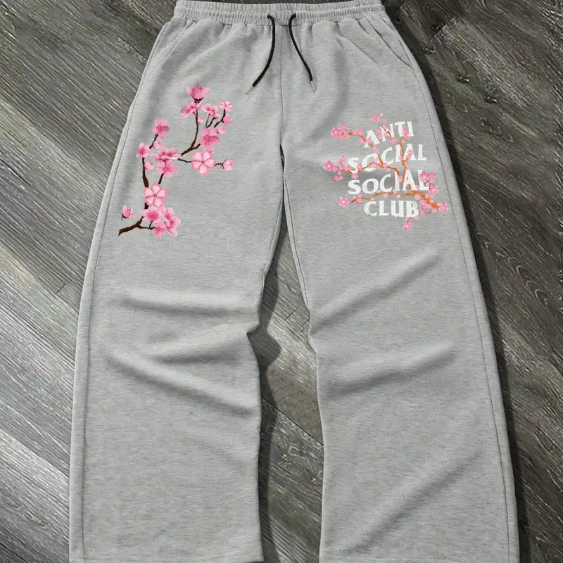 Men's Cherry Blossom Embroidered Sweatpants, Regular Fit Lounge Sweatpants, Soft Comfy Athleisure Pants for Spring/Fall, Casual Daily Wear, Casual Streetwear Sweatpants