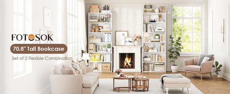 FOTOSOK 70.8" Tall Bookcase Shelf, 6 Tier Wide Bookshelf with Storage, Billy Bookcase Set of 2, Large Bookshelf for Living Room, Home Office