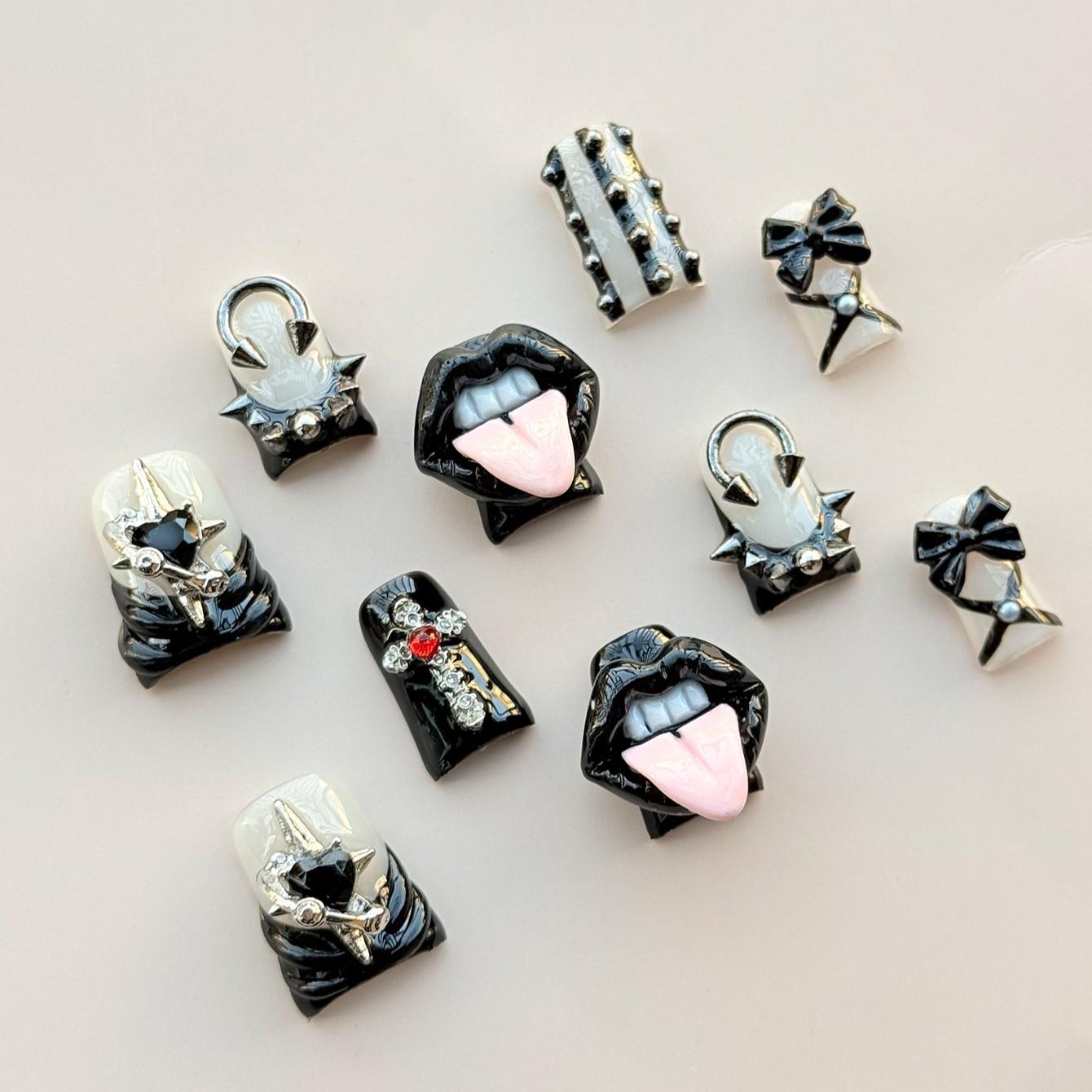 Y2K 10pc handmade press on nails Dark Gothic Rock style Prank-like black lips medium-length duckbill-shaped nail stickers, handmade, black French nail decorations with stud details. Suitable for women and girls, perfect for daily wear, attending concerts,