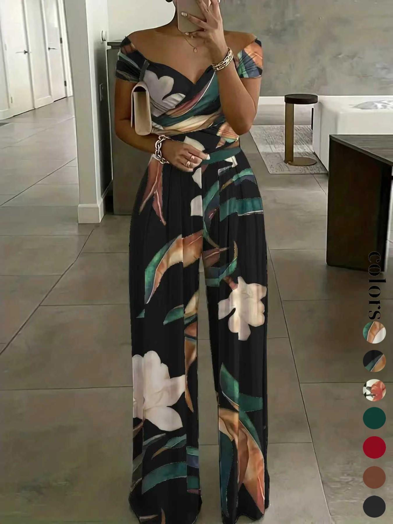 Women's Floral Print Off-Shoulder Wrap Jumpsuit, High Waist Fitted Jumpsuit, Boho Style Sexy Fashion Jumpsuit for Women