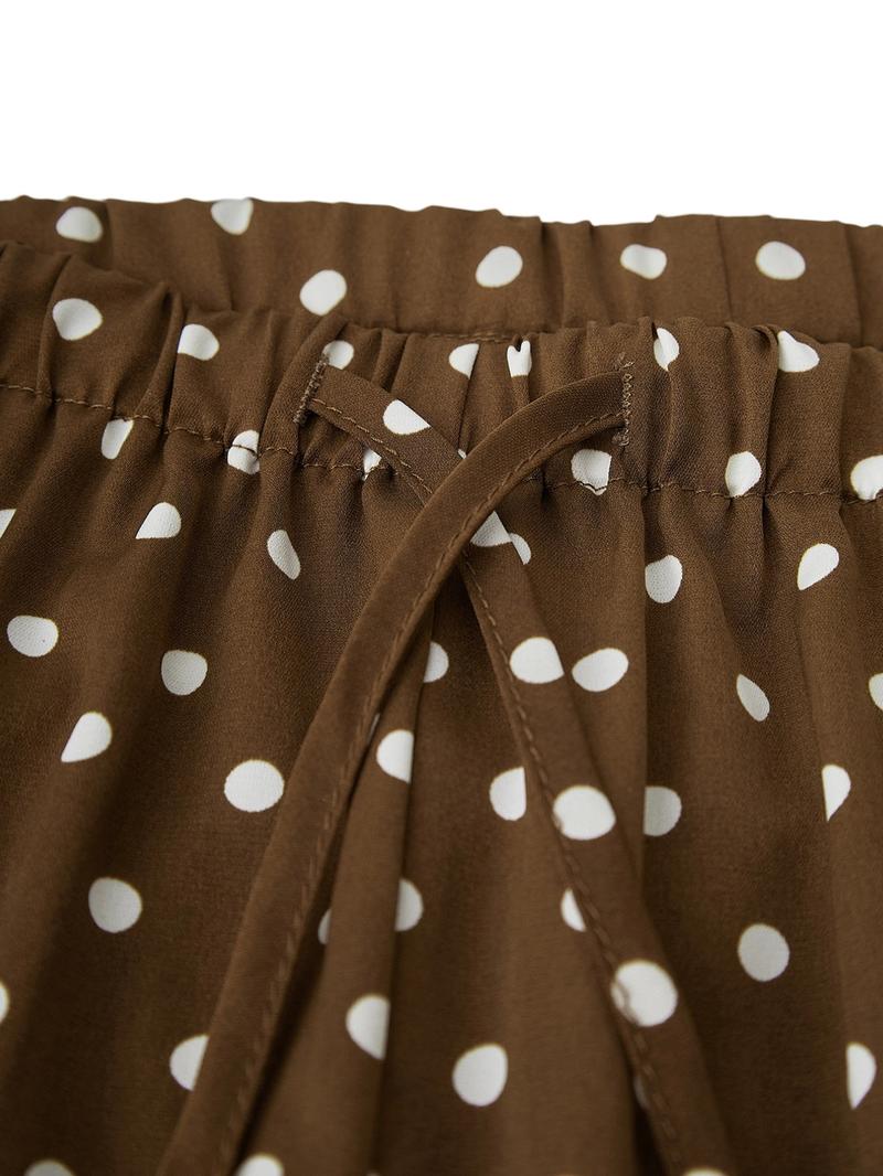 Women's Satin Polka Dot Wide Leg Pants, Casual Lounge Pants, Casual Loose Fit Drawstring Waist, Beach Travel Vacation Straight Leg Pockets