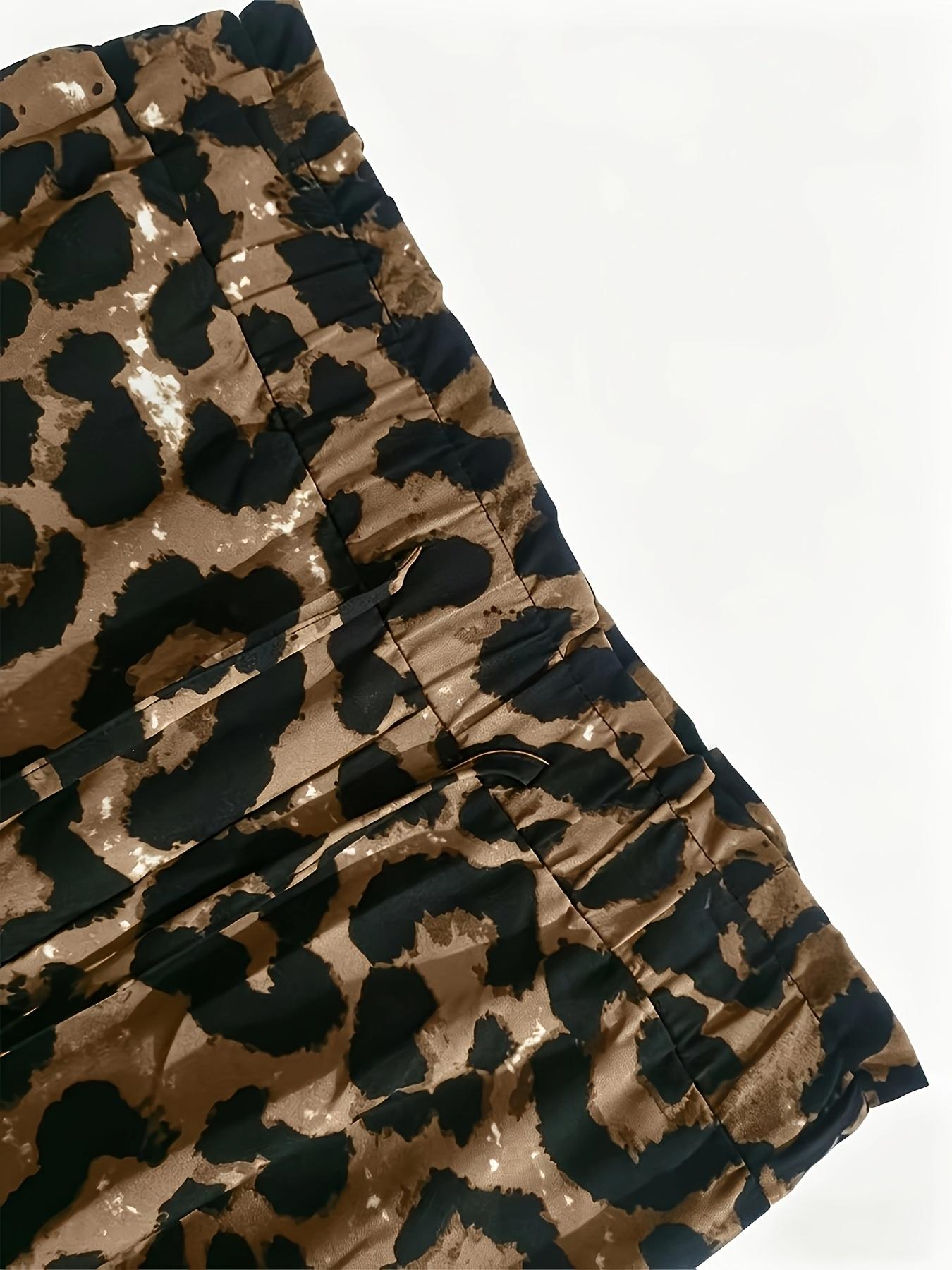 Women's Plus Size Casual Loose Fit Long Pants Bottoms, Full Print Leopard Pattern, Drawstring Elastic Waist, Pocket Design