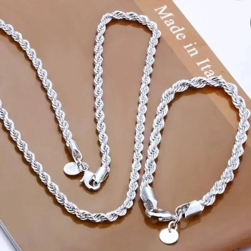 925 Sterling Silver Rope Chain Set 4MM Necklace & Bracelet for Men Women | 40–60