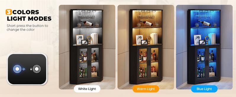 BROTTAR Corner Bar Cabinet with LED Lights, 65" Tall Wine Cabinet with Glass Holder & Tempered Glass Door, 4-Tier Liquor Alcohol Cabinet & Coffee Bar with Human Body Sensor for Dining Room, Black