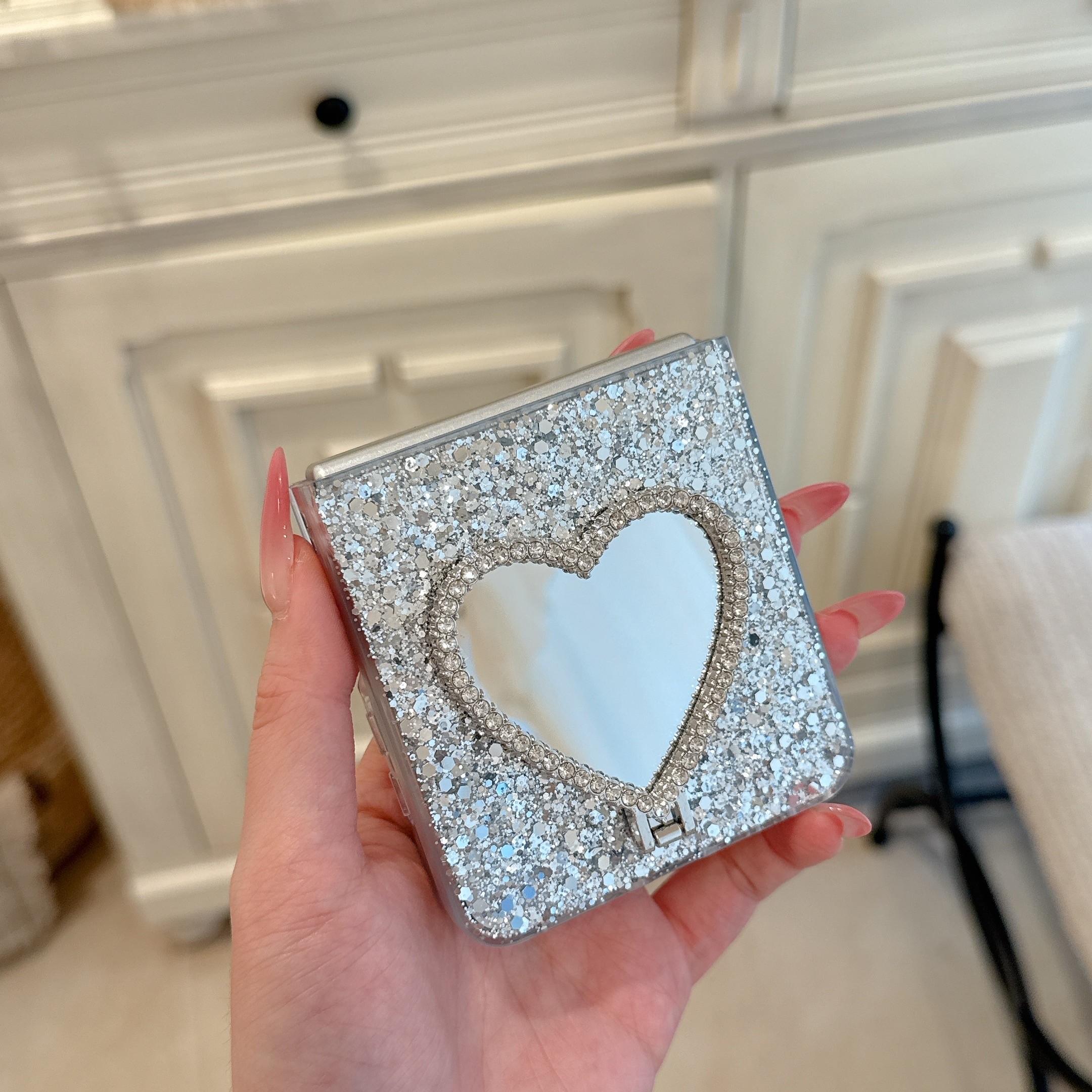 Glitter Heart Stand Foldable Phone Case With Chain For Samsung Galaxy Z Flip3/Z Flip4/Z Flip5/Z Flip6/Z Flip7, Shockproof Cover