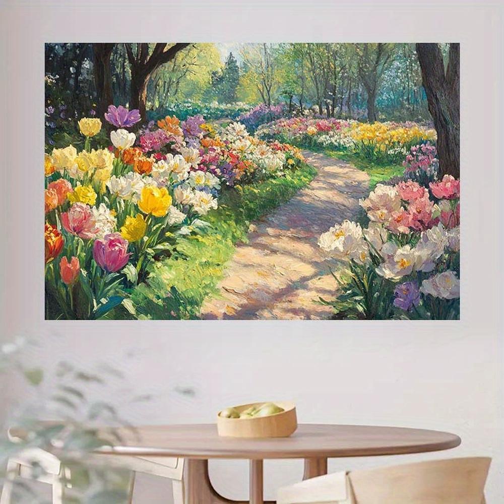 1pc Vibrant Tulip Pathway Wall Mural - Colorful Sunlit Flowers & Lush Greenery, Polyester Fabric Banner for Spring Celebrations, Easter Decor, Birthdays, or Photography Backdrop, Multiple Sizes Av