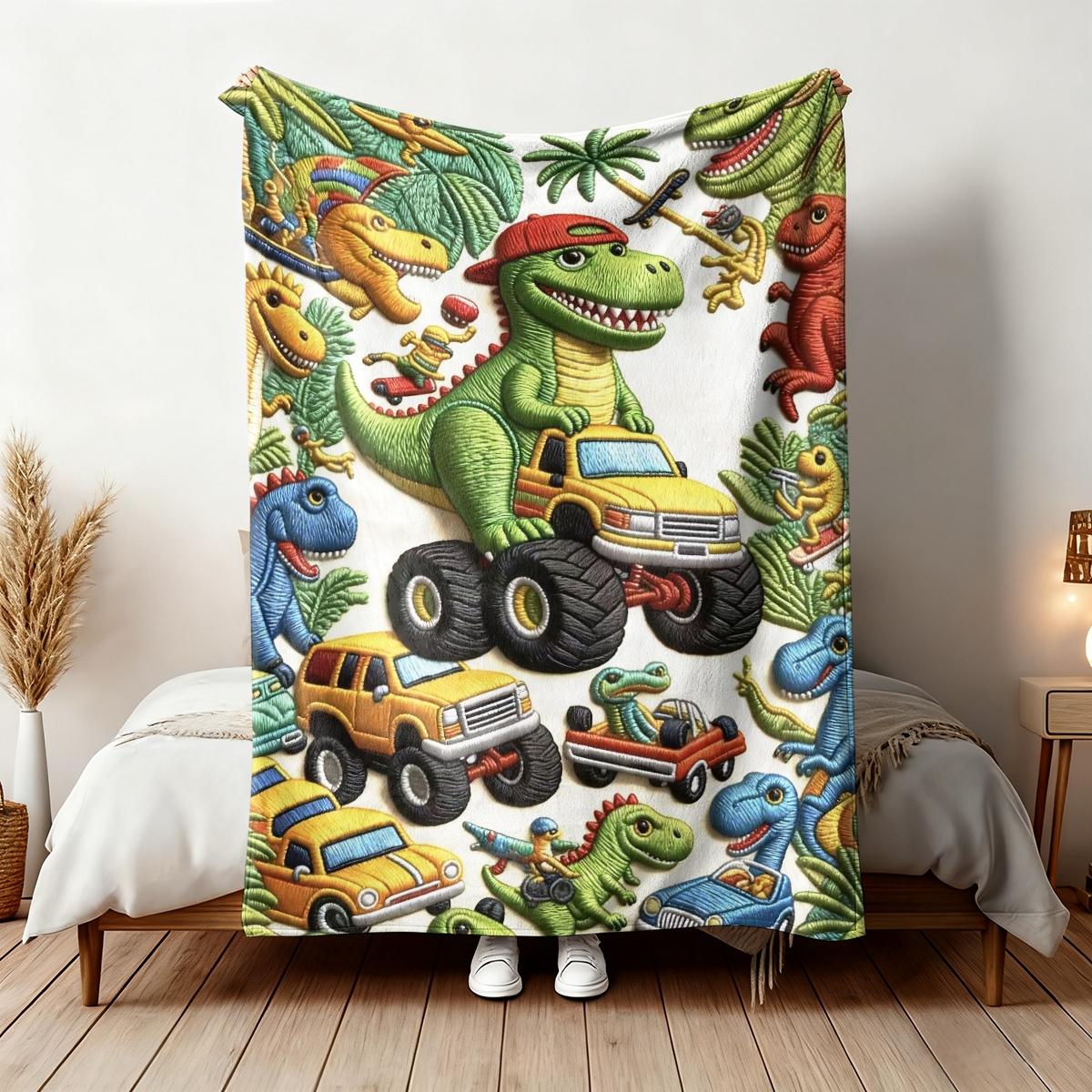 Dinosaur Monster Truck Print Flannel Blanket, Jurassic Tyrannosaurus Pattern, Soft Warm Cover, Boy Bedroom Sofa Game Room Use, Birthday Gift