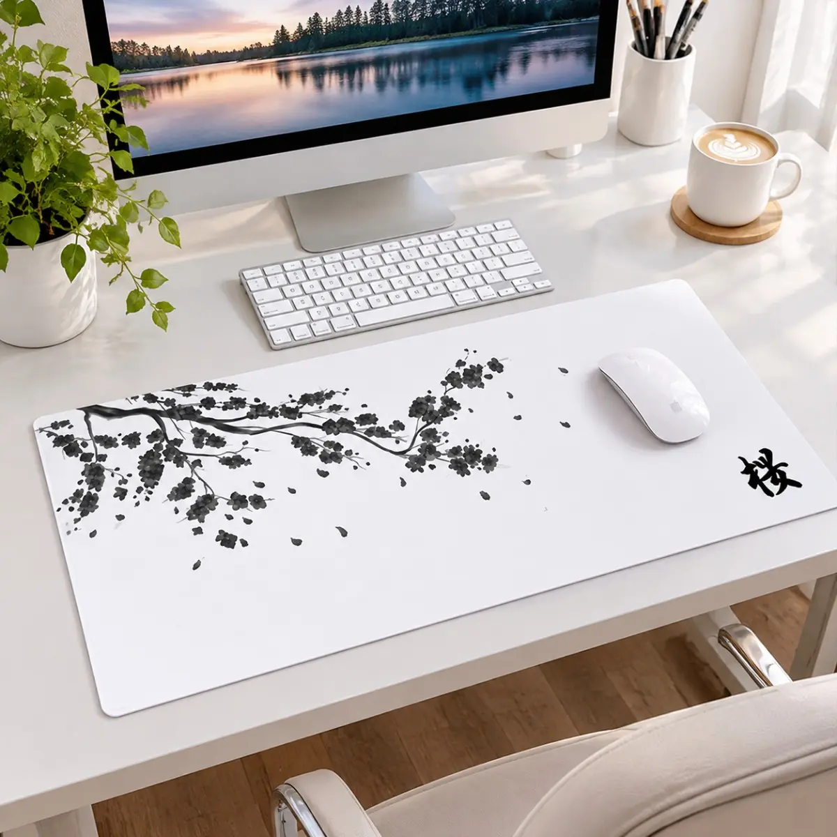 Minimal Sakura Art Desk Mat, Wabi-Sabi Inspired Mouse Pad for a Quiet Workspace