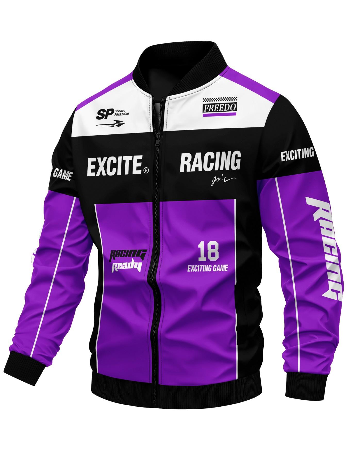 Men's Casual Racing Jacket, Fitted, Soft Shell Material, Speed Racing Pattern, Zipper Closure, Perfect Choice for Spring & Fall
