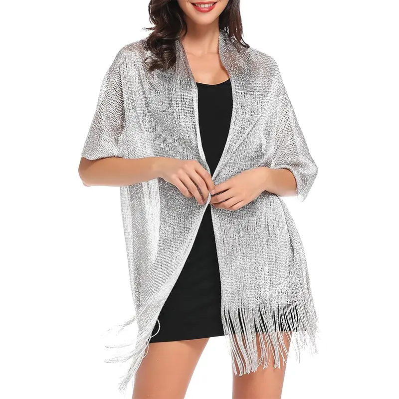 Women Shiny Sparkle Tie Front Cape Shawl, Lightweight Fashion Shawl Wrap, Glamorous Outer Layer For Prom, Wedding And Going Out Outfit sohochic
