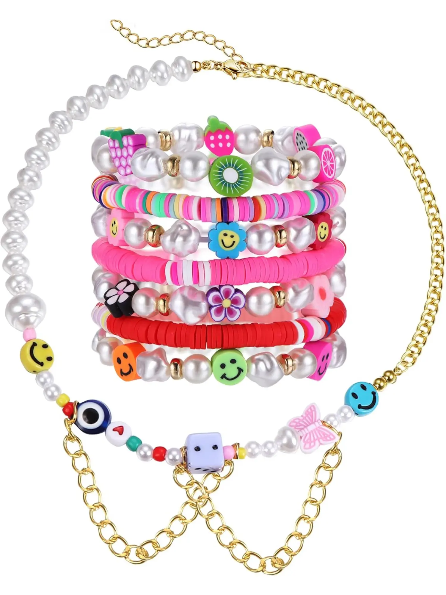8 Pcs Y2K Smiley Bead Bracelet Necklace for Women Stretch Heishi Bracelet Clay Fruit Pearl Bead Bracelet Choker Necklace Set