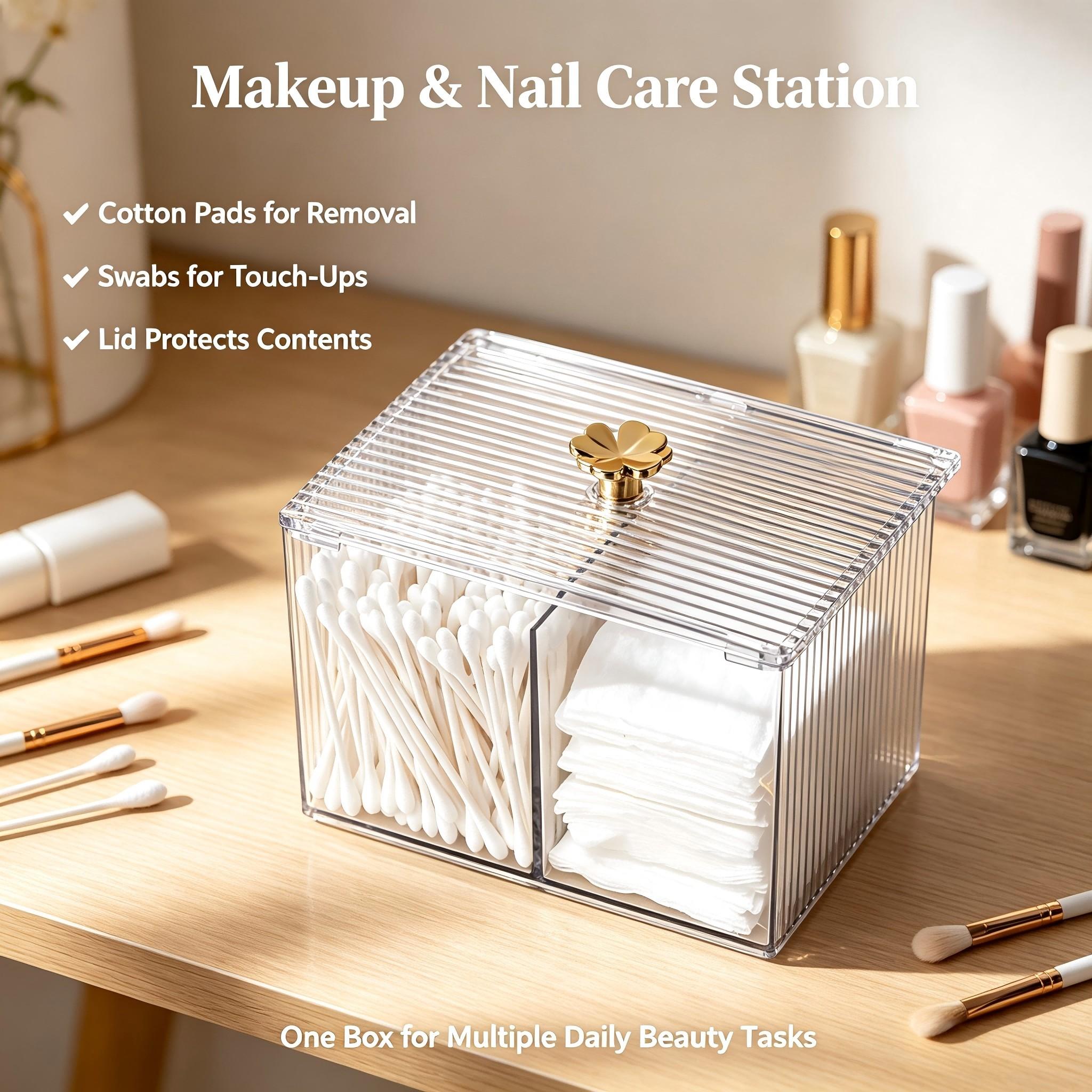 Clear Acrylic Makeup Organizer, 2‑Compartment Dustproof Vanity Storage Box with Lid, Ribbed Cosmetic Container with Lucky Clover Gold Knob for Cotton Pads, Q‑tips & Small Beauty Tools