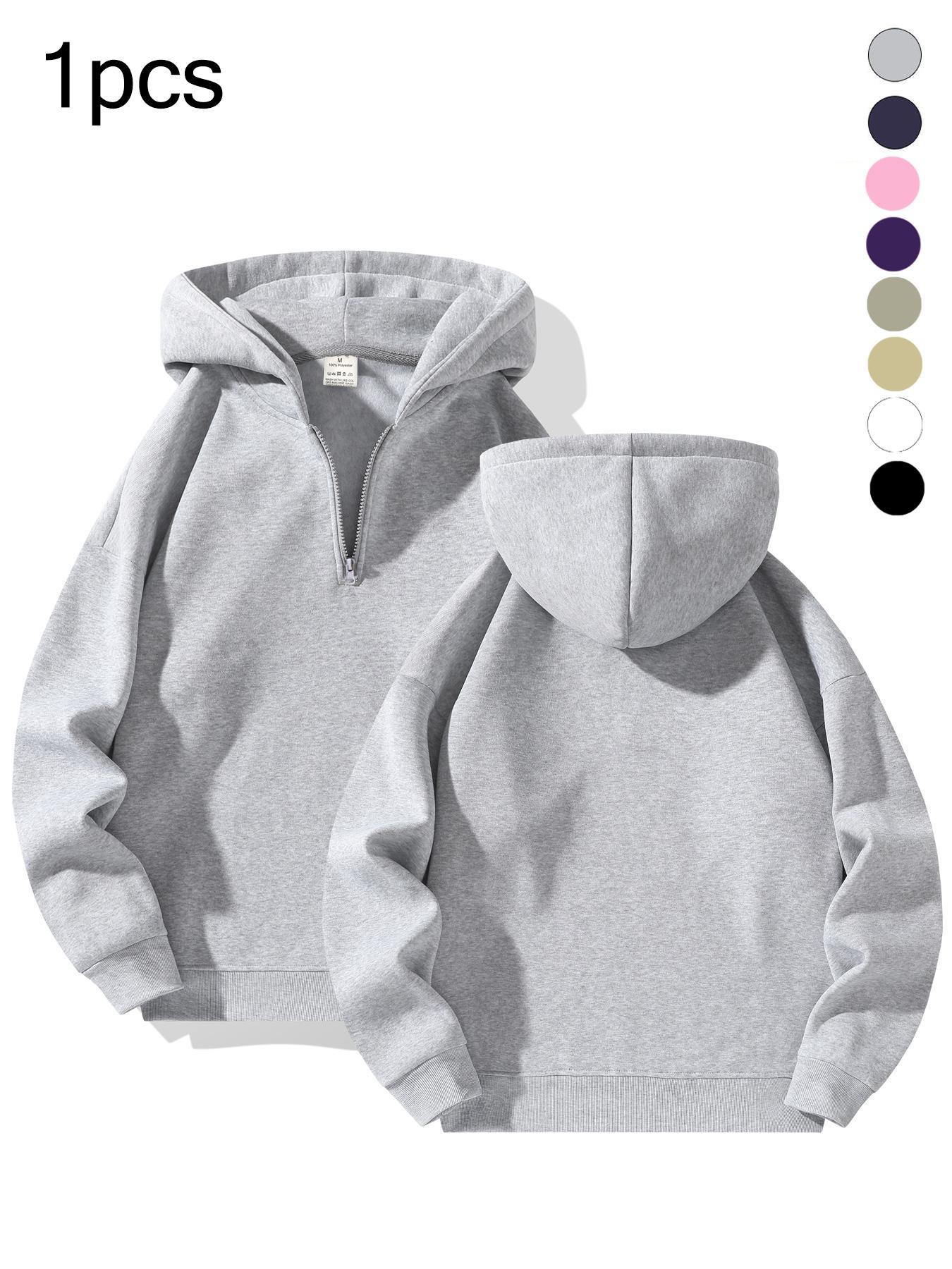 Men's Plain Half Zip Drop Shoulder Essentials Hoodie, Regular Fit Fitted Casual Long Sleeve Hooded Sweatshirt for Fall & Winter, Men's Clothes for Daily Wear