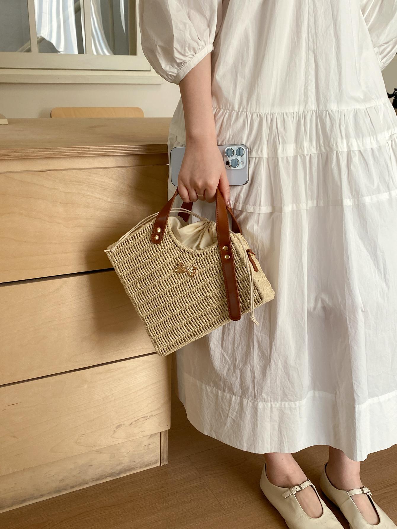 Woven Drawstring Bucket Bag, Vintage Style Handbag, Crossbody Shoulder Bag, Spring Summer Commute Vacation Essential, Women's Fashion Accessory