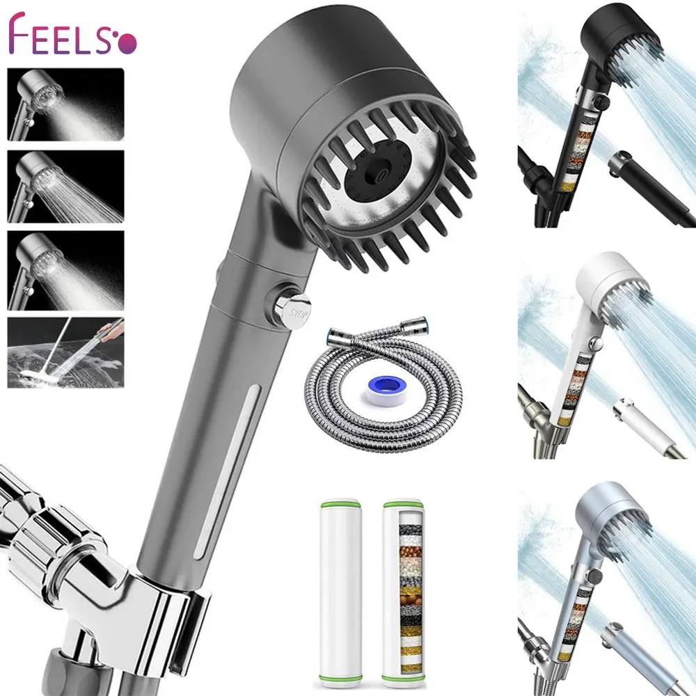 FEELSO Pressure-Boosted Rainfall Handheld Shower Head, 4-Setting Massage Spray, 60" Hose, Easy Install, Low-Flow, 1-Touch Water Stop, Micro-Technology Nozzles, Plastic Wall-Mount Bathroom Fixture for Kids, Pressure Boosted Shower