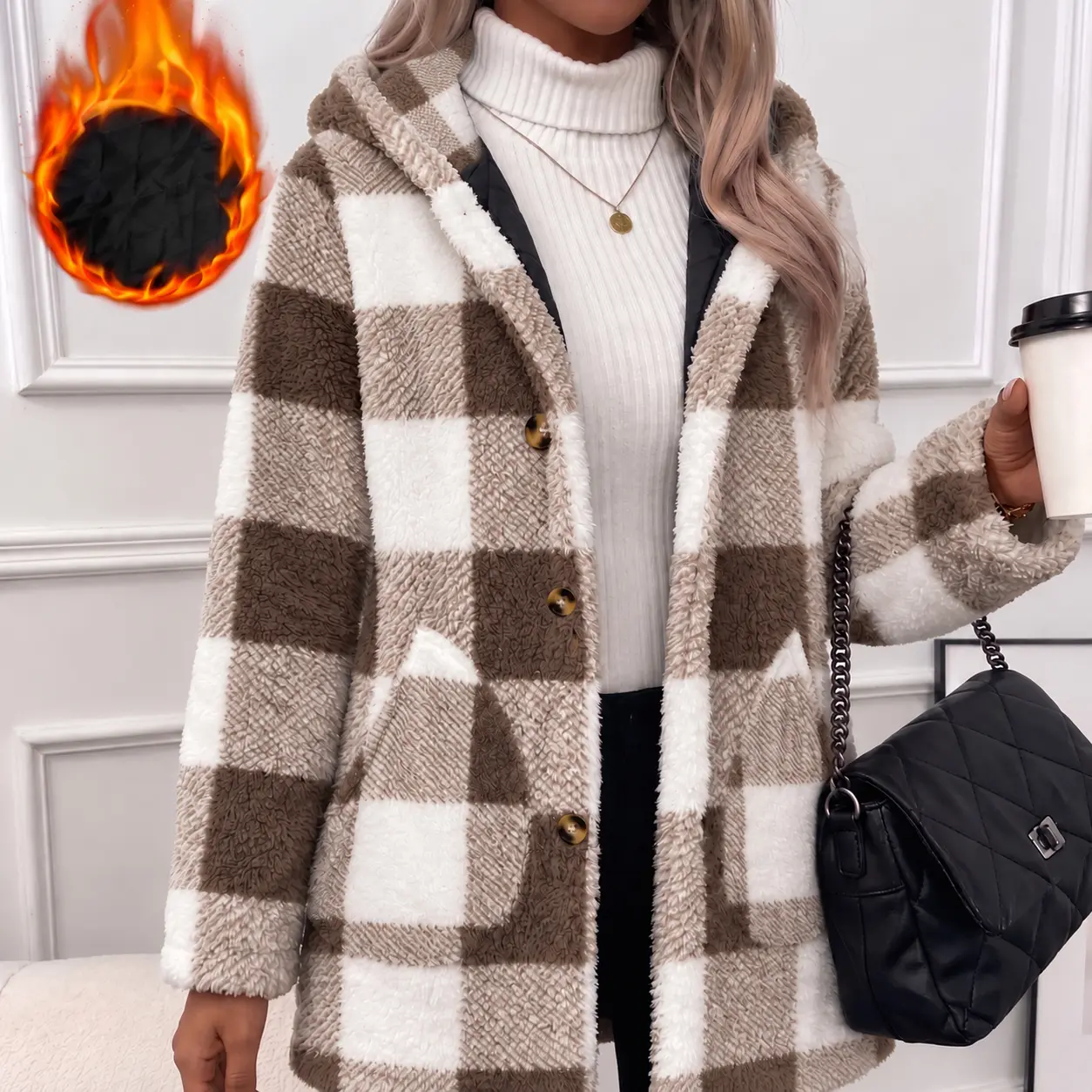 VVZ 2026 Women's Fall Winter Fuzzy Knit Hooded Cardigan, Oversized Button Front Long Sleeve Coat, Warm Casual Knitwear Outerwear for Daily Wear & School Activities