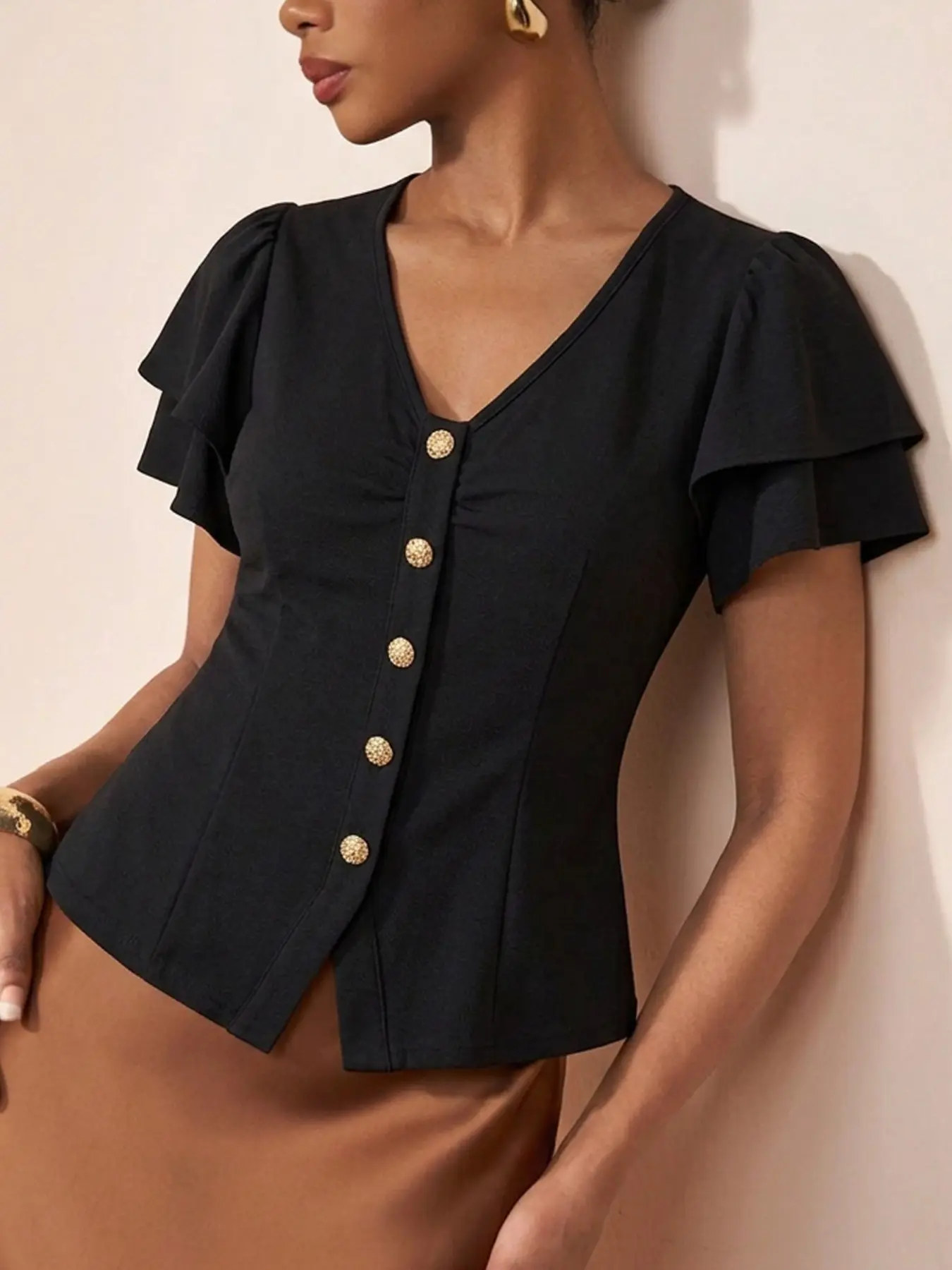 French Style V Neck Pleated Short Sleeve Women's Top, Flutter Sleeves Button Waist Slimming Elegant Shirt, Fashionable Ladies' Blouse