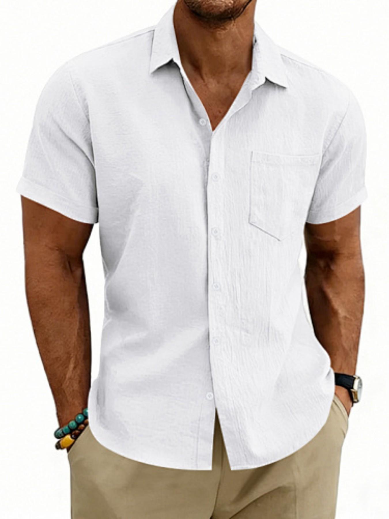 Men's Hawaiian-style linen loose-fit semi-high-neck short-sleeved top, designed for casual daily wear with comfortable and breathable fabric