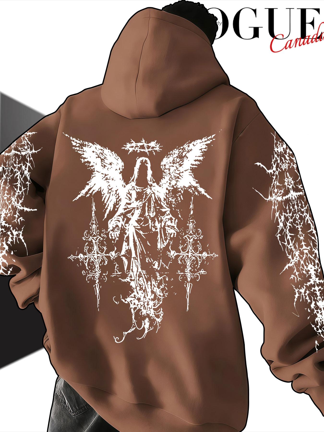 Men's Hooded Sweatshirt Fall Winter, Thorns Angel Cross Print, Gothic Style Loose Fit, Casual Random Pattern, Non-Outer Vest