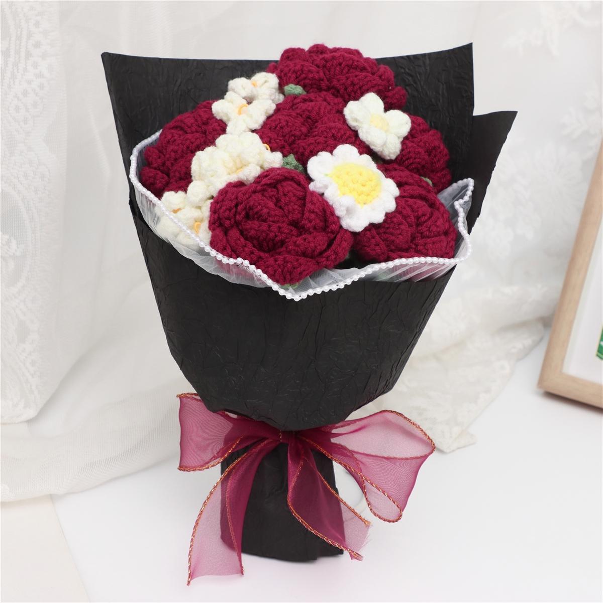 Handmade Crochet Flower Bouquet, 1 Bunch Decorative Artificial Flowers for Home Decor, Weddings, Parties & Anniversaries, Perfect Gift for Valentine’s Day, Birthday, Mother’s Day & Thanksgiving, Fake Flower