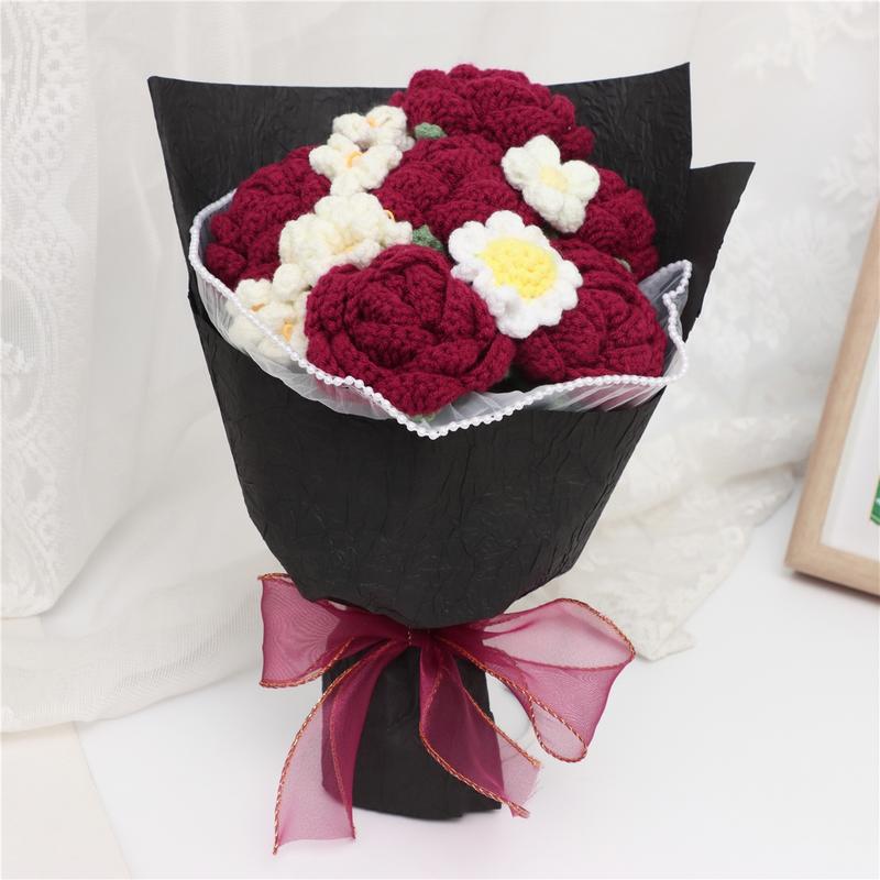 Handmade Crochet Flower Bouquet, 1 Bunch Decorative Artificial Flowers for Home Decor, Weddings, Parties & Anniversaries, Perfect Gift for Valentine’s Day, Birthday, Mother’s Day & Thanksgiving, Fake Flower