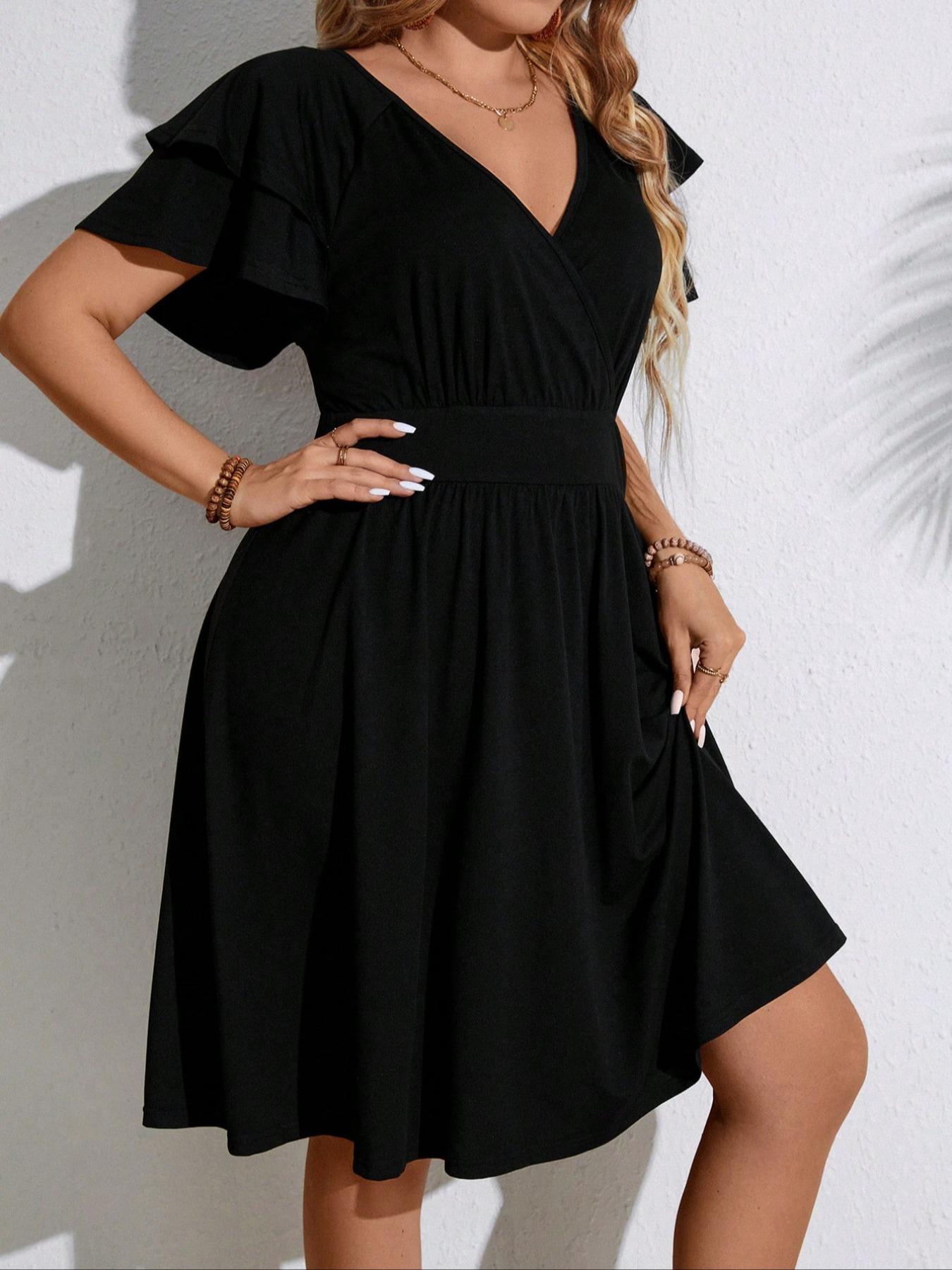 【Plus Size】 Solid Color V Neck Dress, Fashion Casual Dress for Wedding Guest, Women's Clothing for Summer