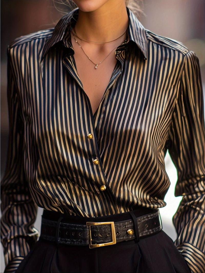 Spring Autumn Long Sleeve Striped Satin Blouse, Metal Buckle Design, Commuter Date Wear, Women's Shirt W0414