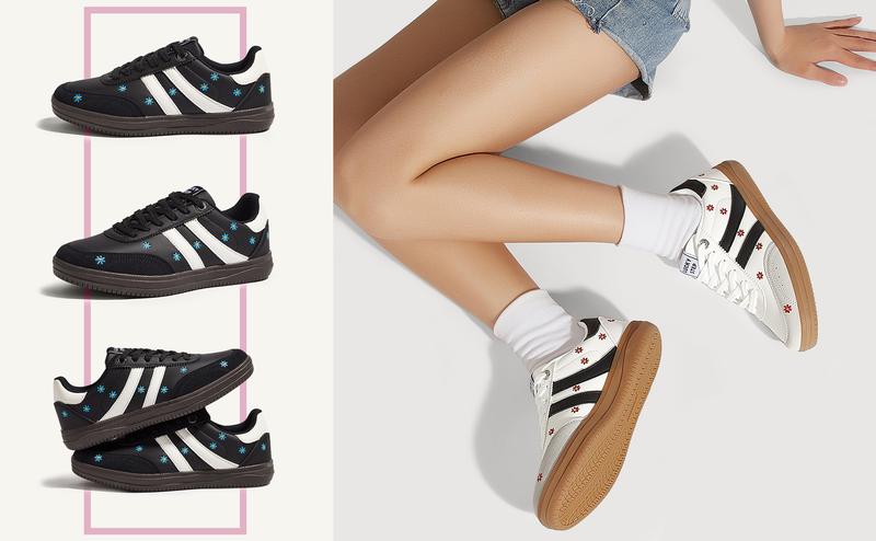 LUCKY STEP Women Classic Retro Tennis Sneakers Fashion Gum Sole Skate Casual Walking Shoe Anti Slip Floral Embroidery Comfortable Trainers
