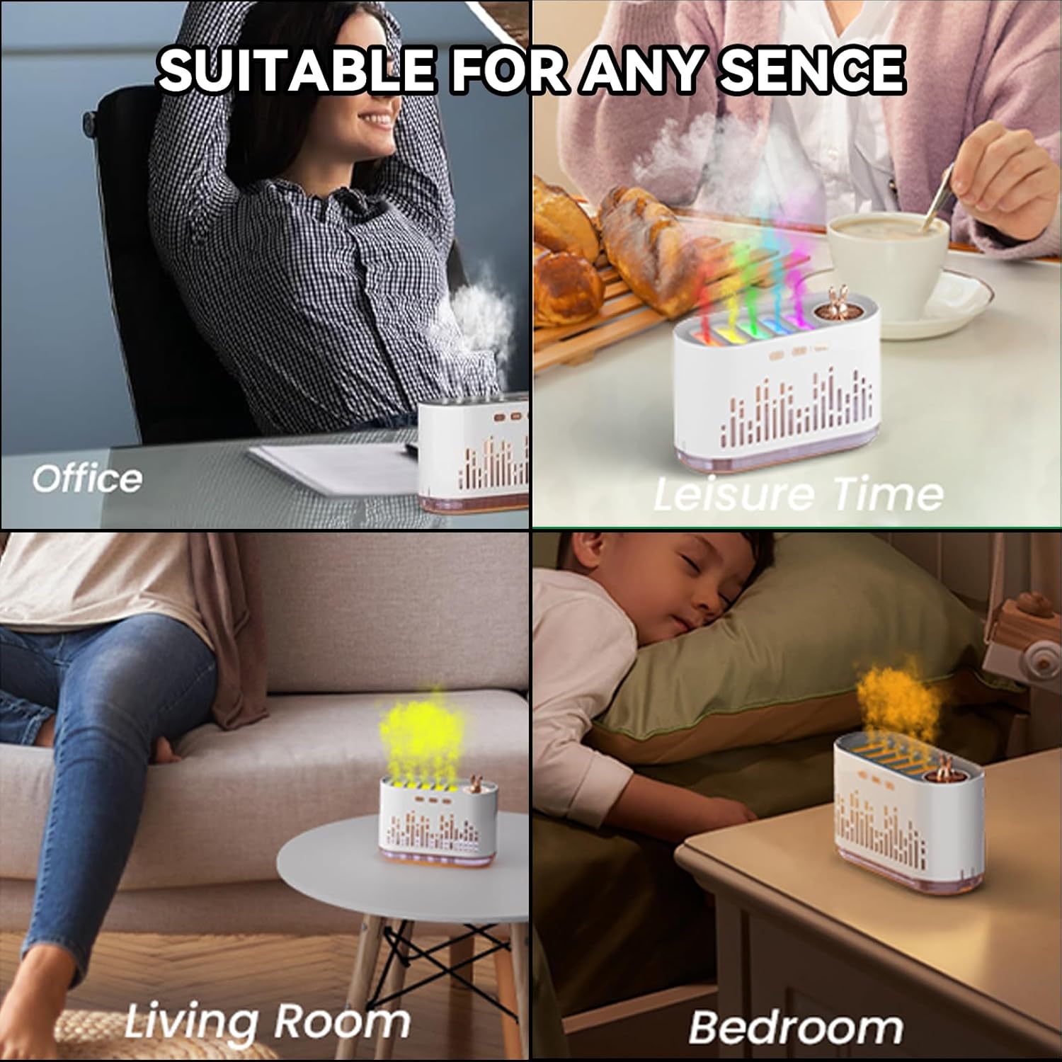 Music Sensor Humidifier Diffuser with Colored Flame and Sound Spray, 700ml, USB Powered Humidifier, with Aromatherapy Essential Oils, 7-Color LED Auto-Off, Timer, for Bedroom, Home Office, Fragrance Machine