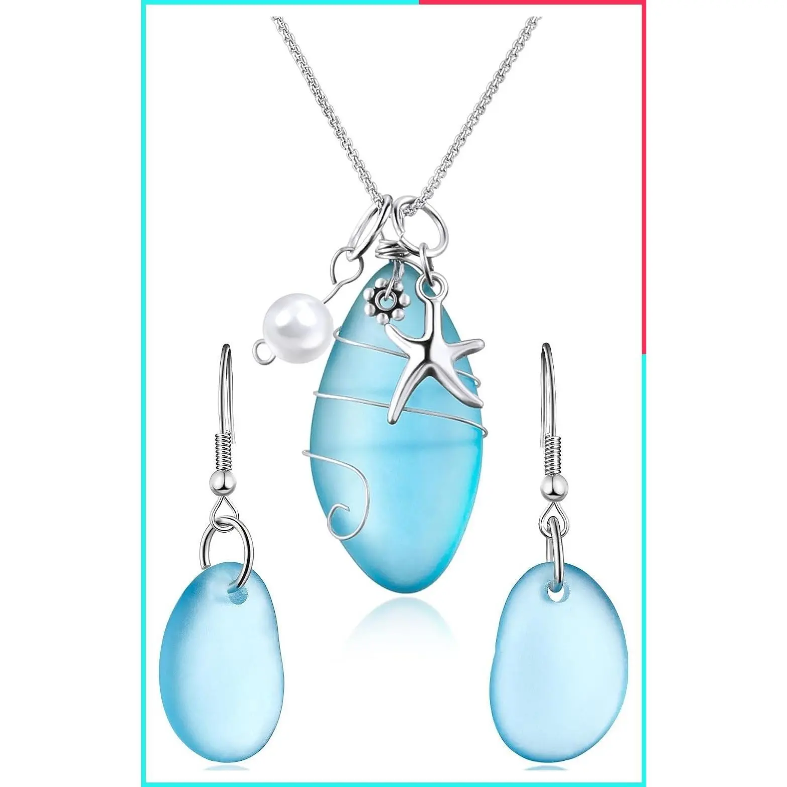 2 Pcs Sea Glass Necklace Earrings Gift Set – Starfish Ocean Beach Theme, Blue Freshwater Pearls, Handmade Jewelry with Gift Box for Women & Girls