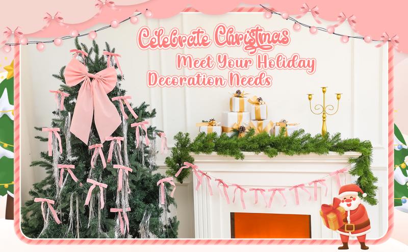 24 Pcs Burgundy Velvet Christmas Tree Bows Door Pink Velvet Bows Christmas Tree Bows Vintage Bow Includes1 Large Satin Christmas Tree Topper with Strands Silver Tinsel Icicles for Christmas Tree Decoration Garland Decor Holiday Wreath Gift Wrapping