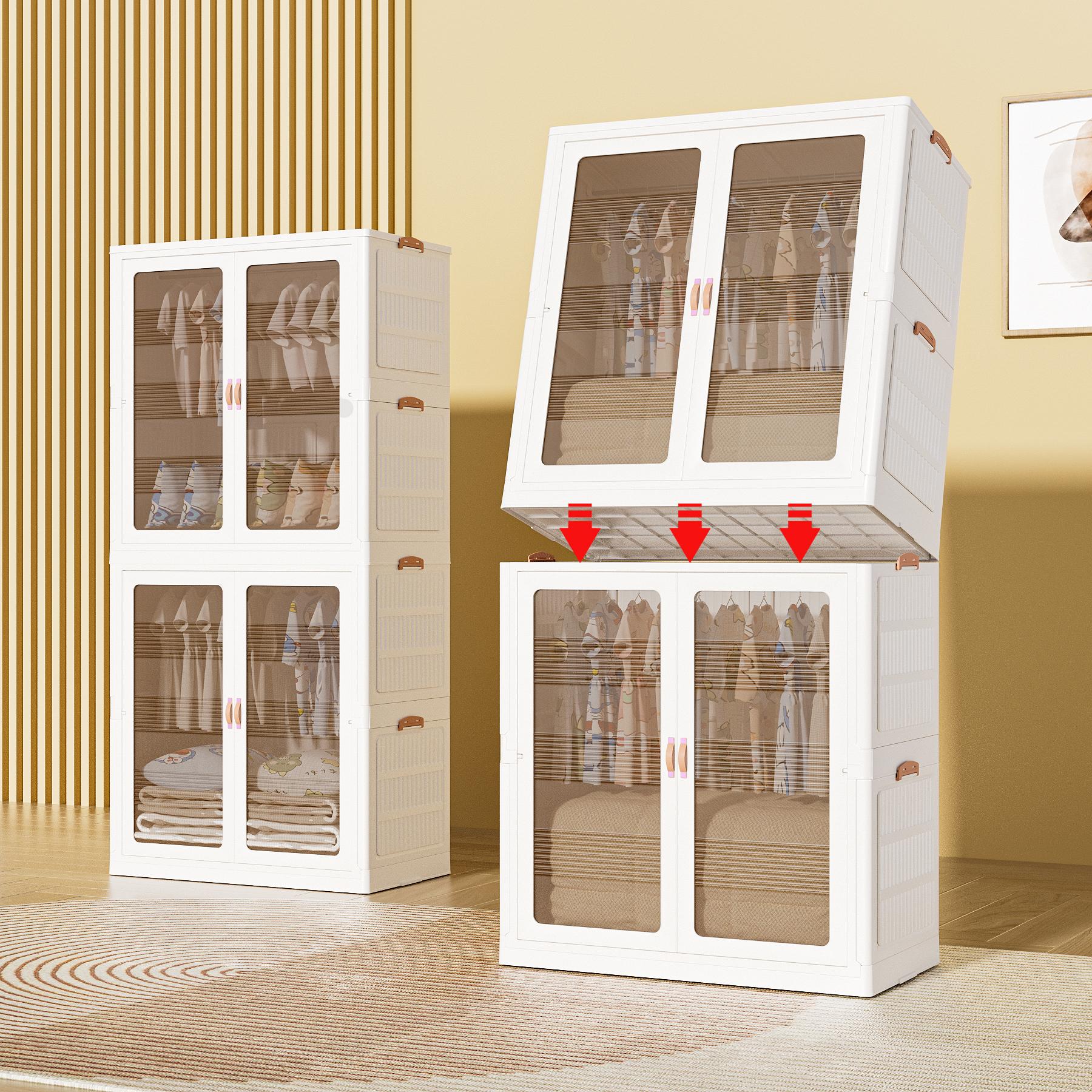 Aesthetic Stackable Storage Bins with Wheels – Folding Plastic Organizer Cabinet with Magnetic Door for Closet Organization, Kitchen & Dorm