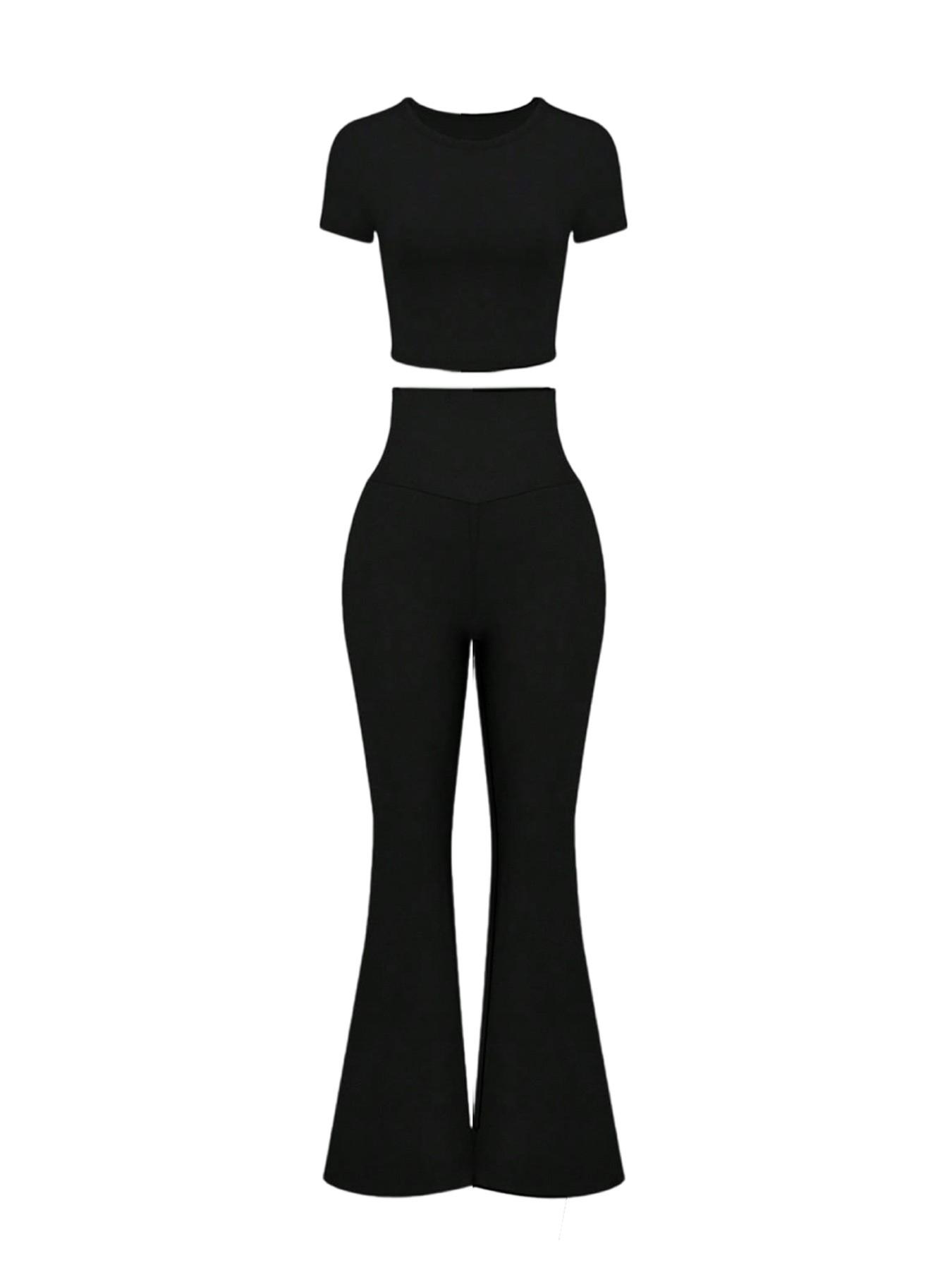 Women's High Waisted Flare Pants Set, 2 Piece, Short Sleeve Cropped T-Shirt Top, Bell Bottom Workout Sets, Casual Fashion, Athleisure Wear