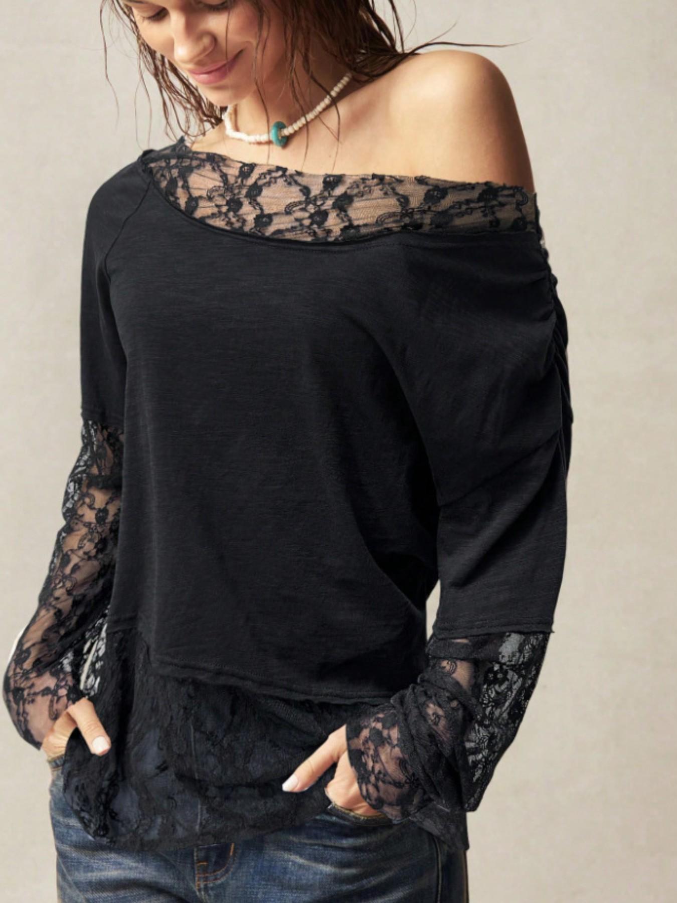 Women's Spring Summer 2026 Long Sleeve Off-Shoulder T-Shirt Womenswear, Asymmetrical Shoulder Design, Lace Trim, Casual Fashion Top