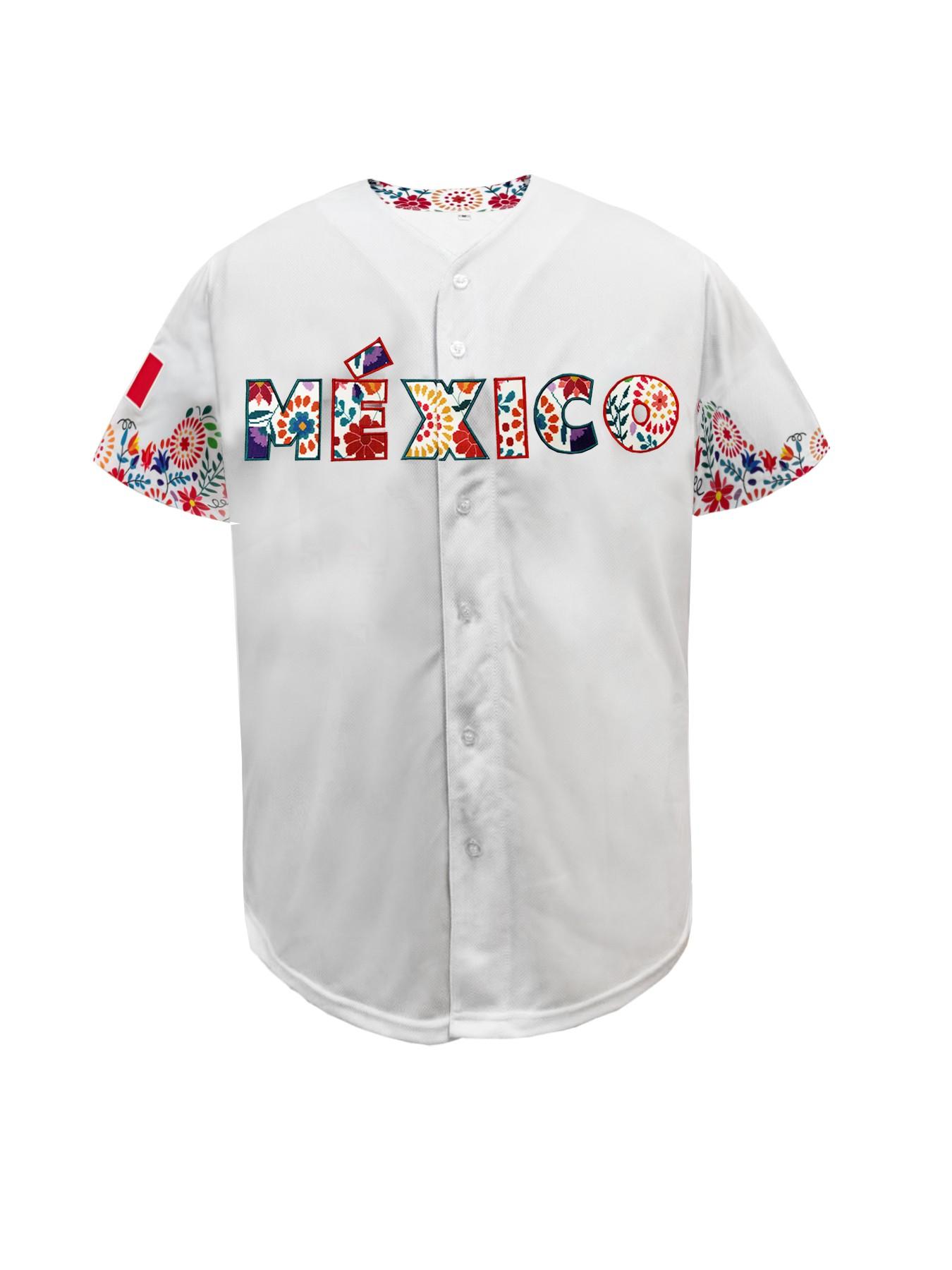Mexico Floral Baseball Jersey, Unisex White Stitched Button-Down Uniform, Breathable Comfortable Ethnic Style Sports Shirt