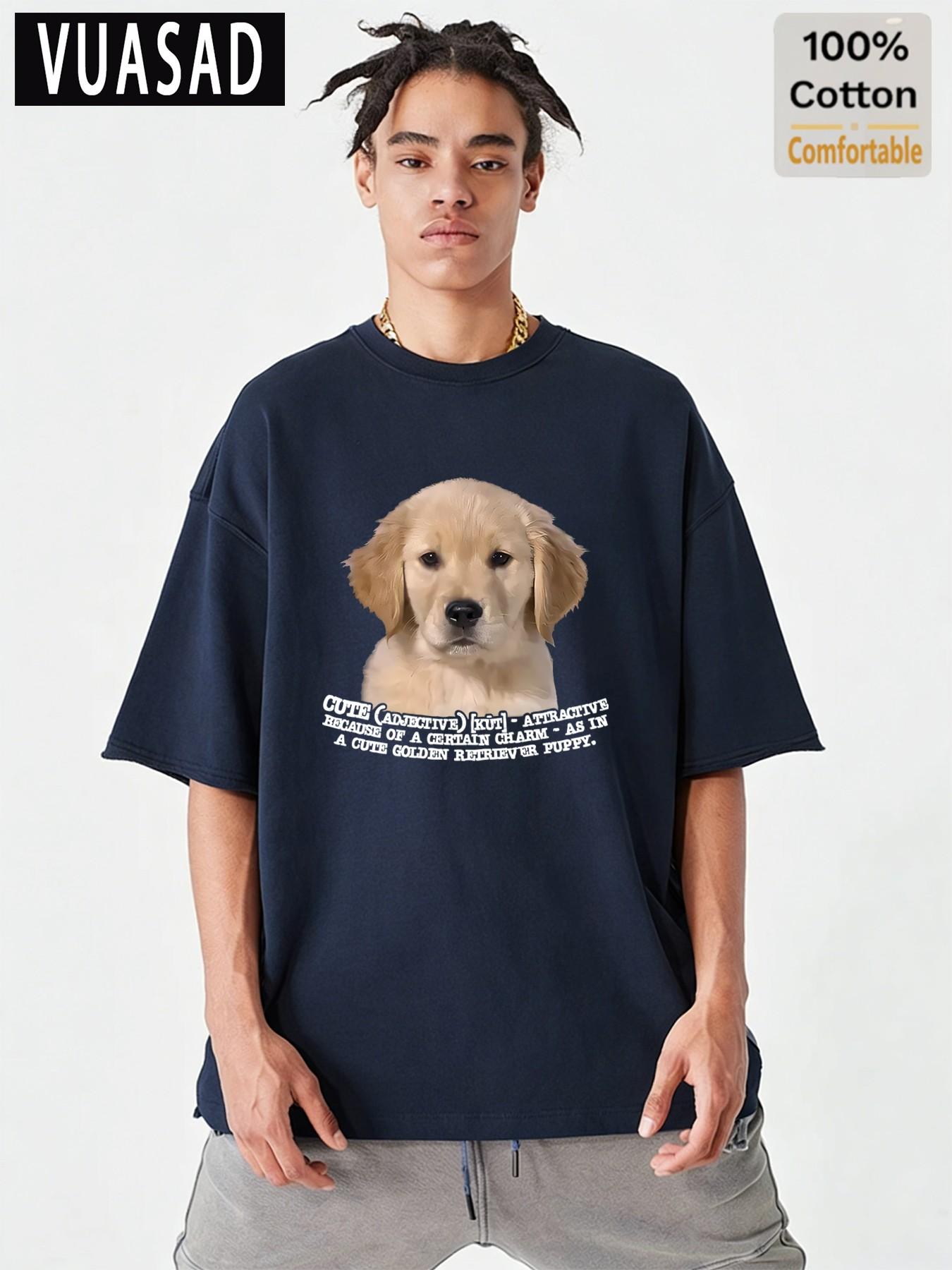 Adorable Golden Retriever Puppy Print Short Sleeve T-Shirt, Men's Loose-Fit Drop Shoulder Cotton Top, Casual Fashion Long Tee
