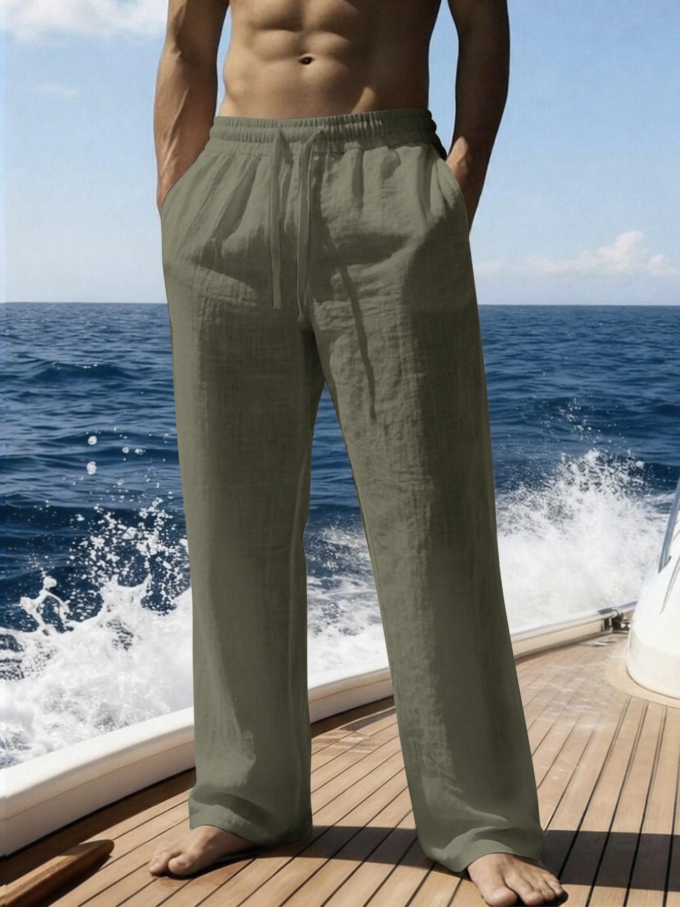 Men's Summer Straight Leg Linen Pants, Casual Sporty Island Vacation Style, Regular Fit Basic Design, Men's Clothing