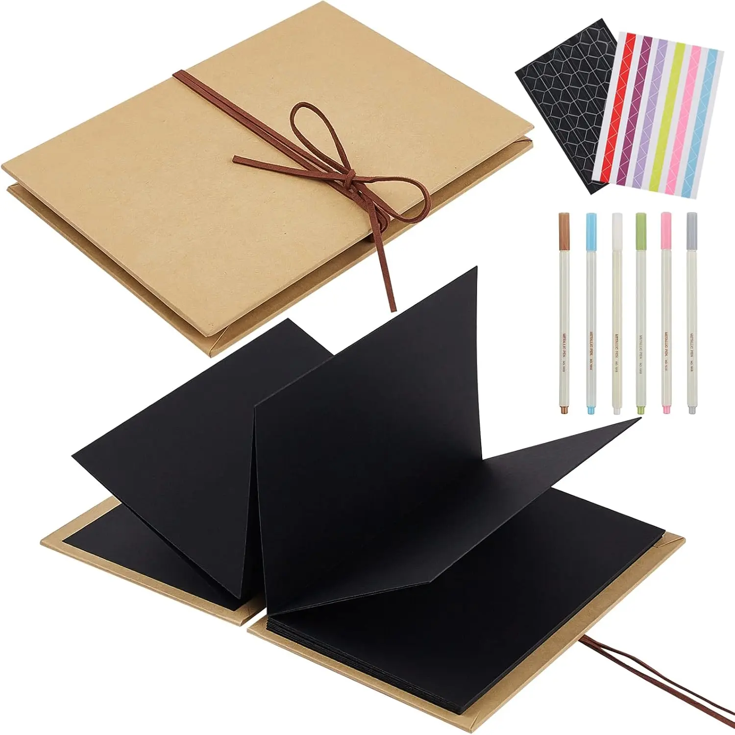 Small Accordion Scrapbook Album, 6x8 Inch with Marker Pens | Hardcover Mini Scrapbook with Stretchable Pages, DIY Small Photo Album, Travel Scrapbook, Adventure Book (Black)
