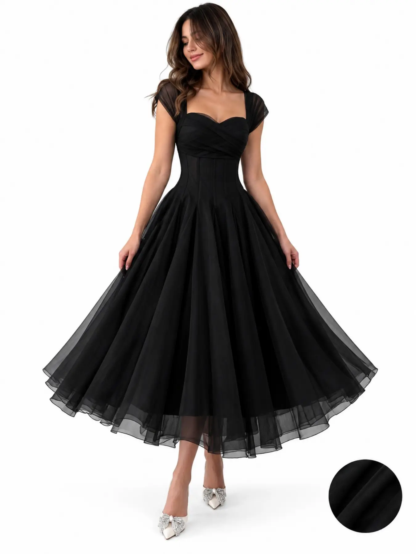 Women Corset Bodice Tulle Cap Sleeve A Line Midi Dress Sweetheart Twist Bust Vintage Evening Prom Wedding Guest  Vintage Style Evening Gown, Sheer Mesh Backless Dress with Invisible Zipper, Perfect for Weddings & Parties Wedding Guest Bridesmaid Party Coc