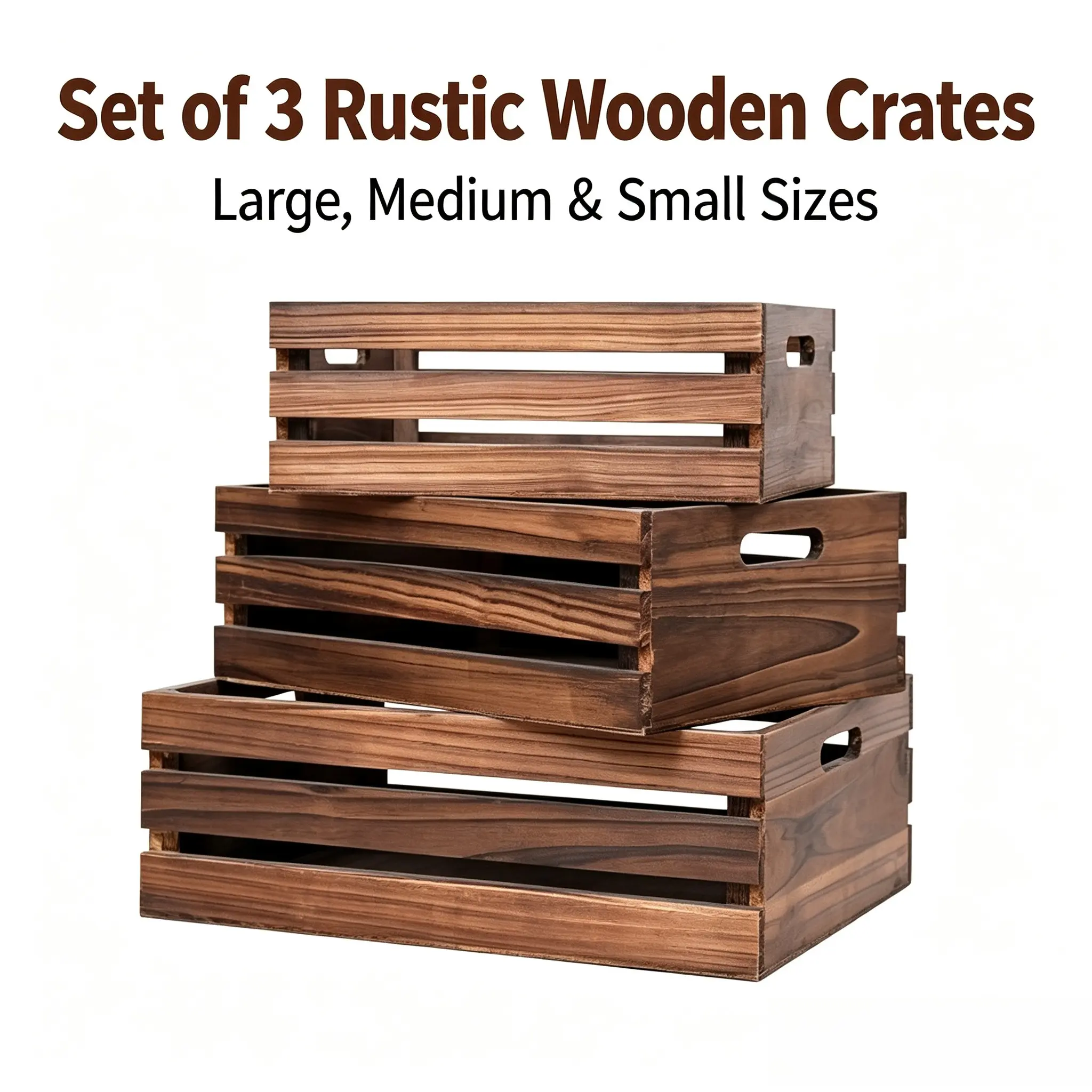 Set of 3 Rustic Wooden Crates in 3 Sizes, Vintage Walnut Solid Wood Storage Boxes, Stackable Decorative Crates for Renters, Apartment Dwellers & Farmhouse Home Display
