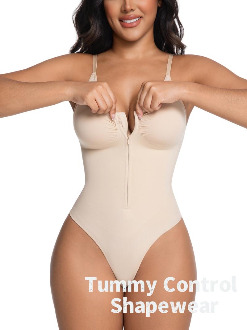 Women's Seamless Shapewear Bodysuit, Front Zipper Design, Tummy Control Thong Style, All Seasons Wearable, Comfortable Fit