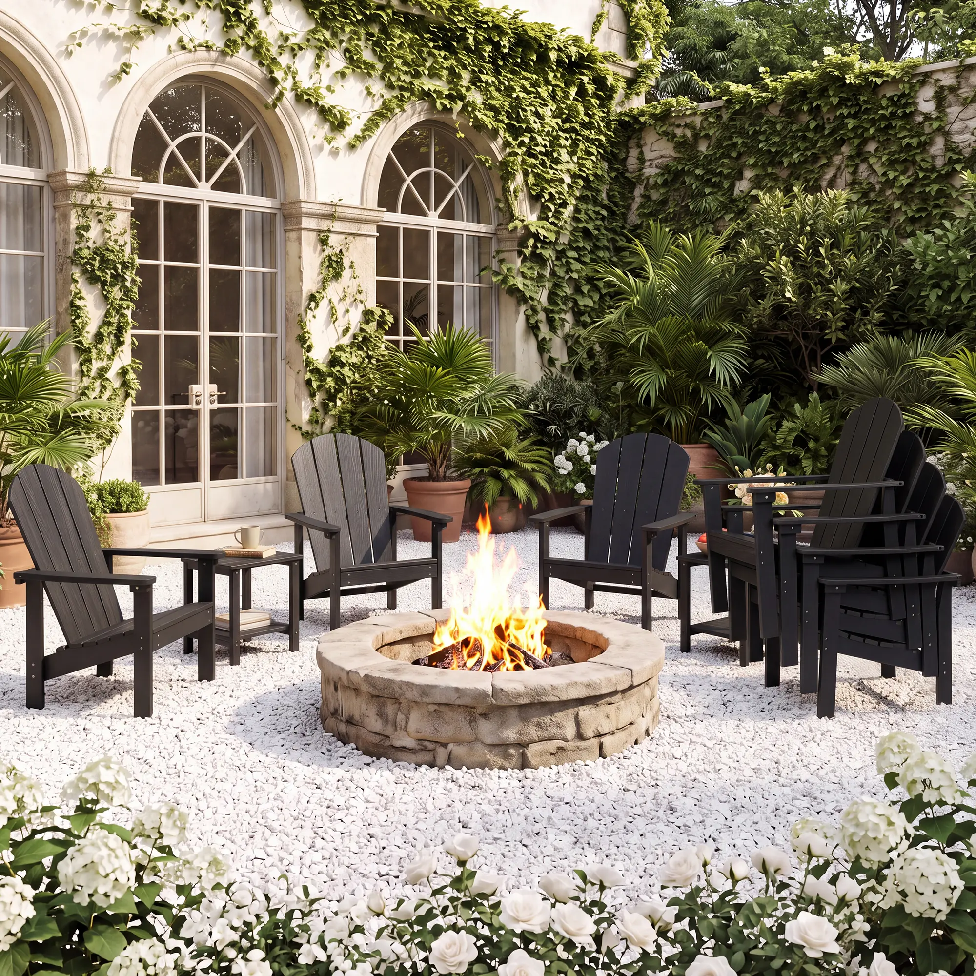 , , and  Stackable Adirondack Chair Sets in HDPE with Wood Grain Options, Available in Sets of 2 or 4, Durable Outdoor Patio Chairs Designed for Space Saving and All Weather Use