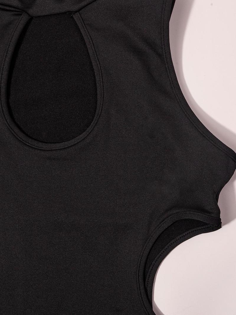 Women's Solid Cut Out Bodysuit, New Trendy Mock Neck Bodysuit with Arm Sleeves, Summer Clothing for Party Club, Ladies Summer Clothes
