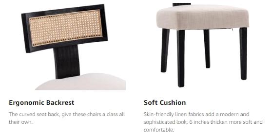 CHAIRUS Rattan Dining Chairs Set of 2, Mid Century Modern Dining Chairs ,Linen Upholstered Dining Chairs with Rattan Back Wood Legs,  Farmhouse Linen Kitchen Chairs with Cane Curved Back Armless Solid Wood Dining Chairs, Beige