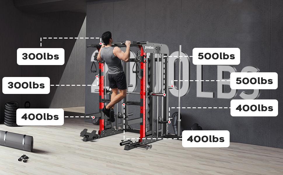 Pooboo Multi-Functional Machine Power Cage, 2000LB Squat Rack, LAT-Pull Down System, Dual Pulley Cable Crossover System, Home Gym Workout Machine with Strength Training Attachments