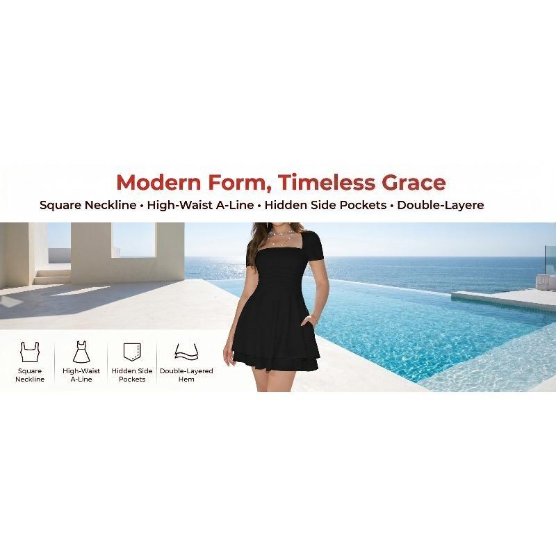 Women's Casual Square Neck Mini Dress - Short Sleeve Ruffle Hem A-Line Party Dress with Pockets