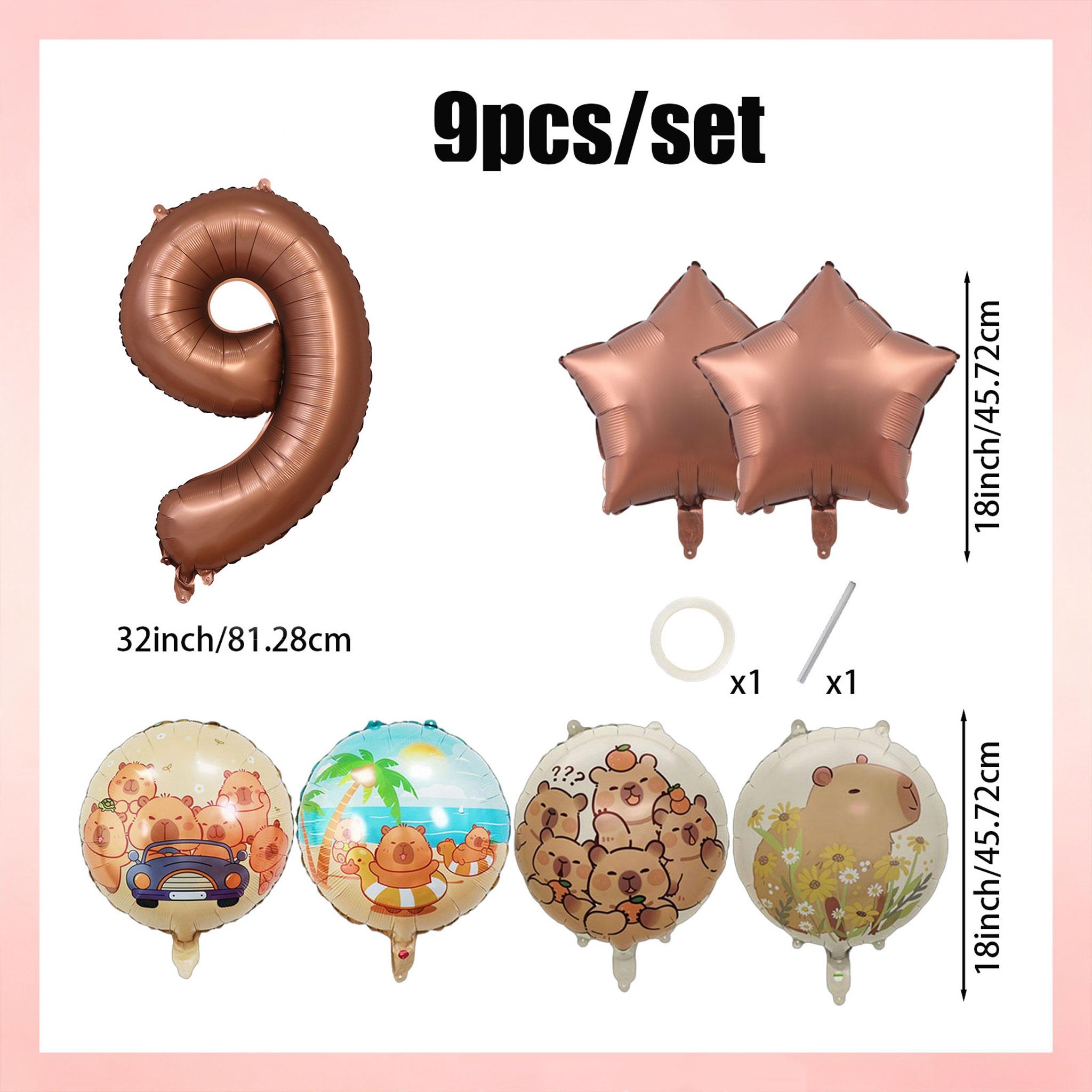 9-Piece Capybara Birthday Balloon Set, 32-Inch Chocolate Number, Shiny Star Aluminum Balloons, Party Decor, Kids Photo Props, Home Wall Decoration, Birthday Party Decorations