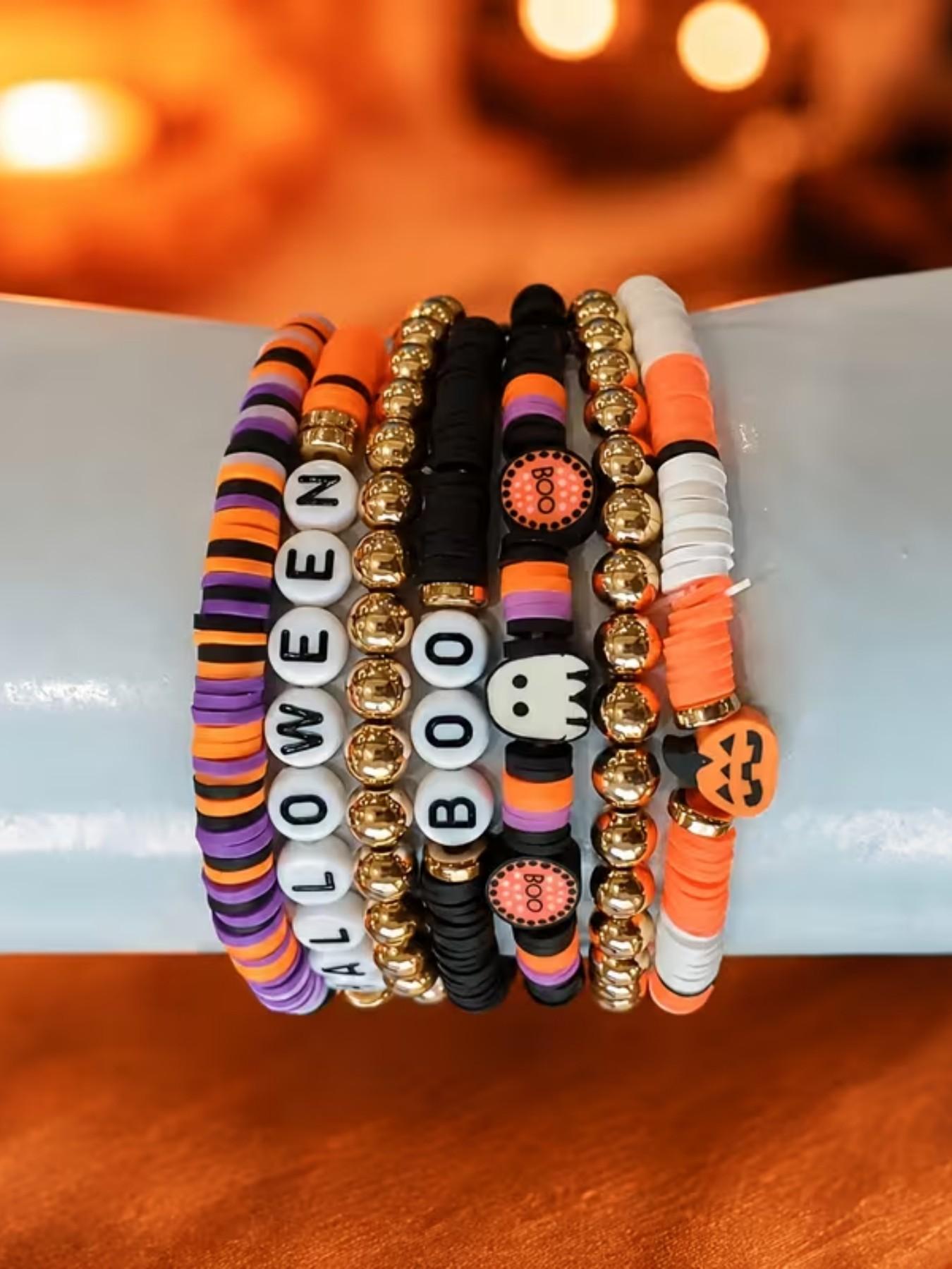 7pcs Halloween Themed Party Bracelets, Cool & Spicy Vintage Pumpkin Head Design, Polymer Clay Beaded Jewelry Set, Fashion Bracelet Sets, Perfect for Festive Events